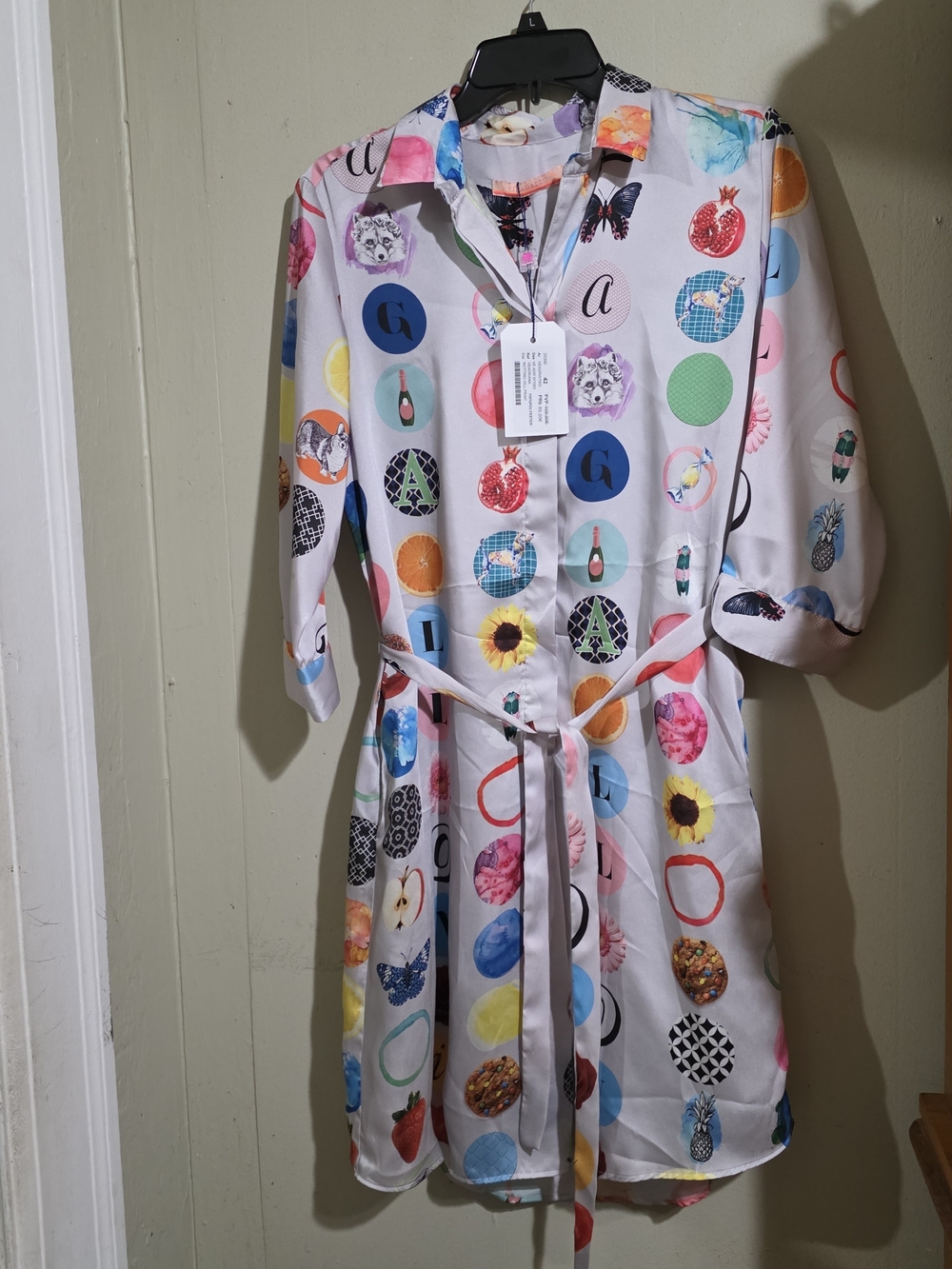 Vilagallo womens  White Multicolor Dot-Print Shirt Dress Robe New Size 42
